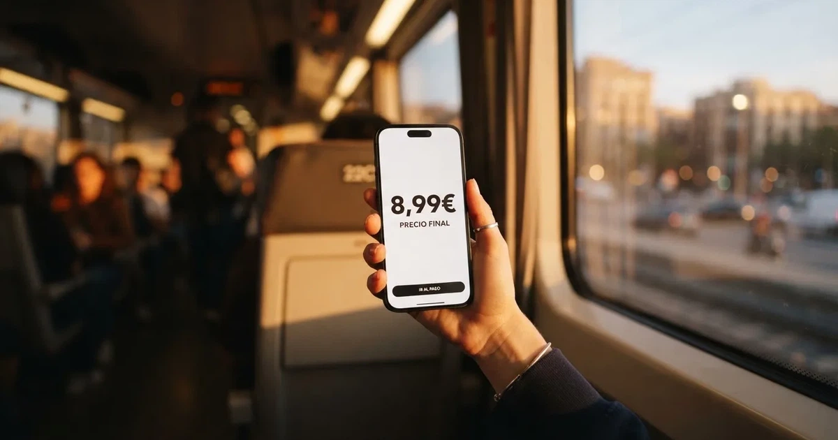 Una mano sostiene un móvil en el tren por la tarde, con la pantalla girada