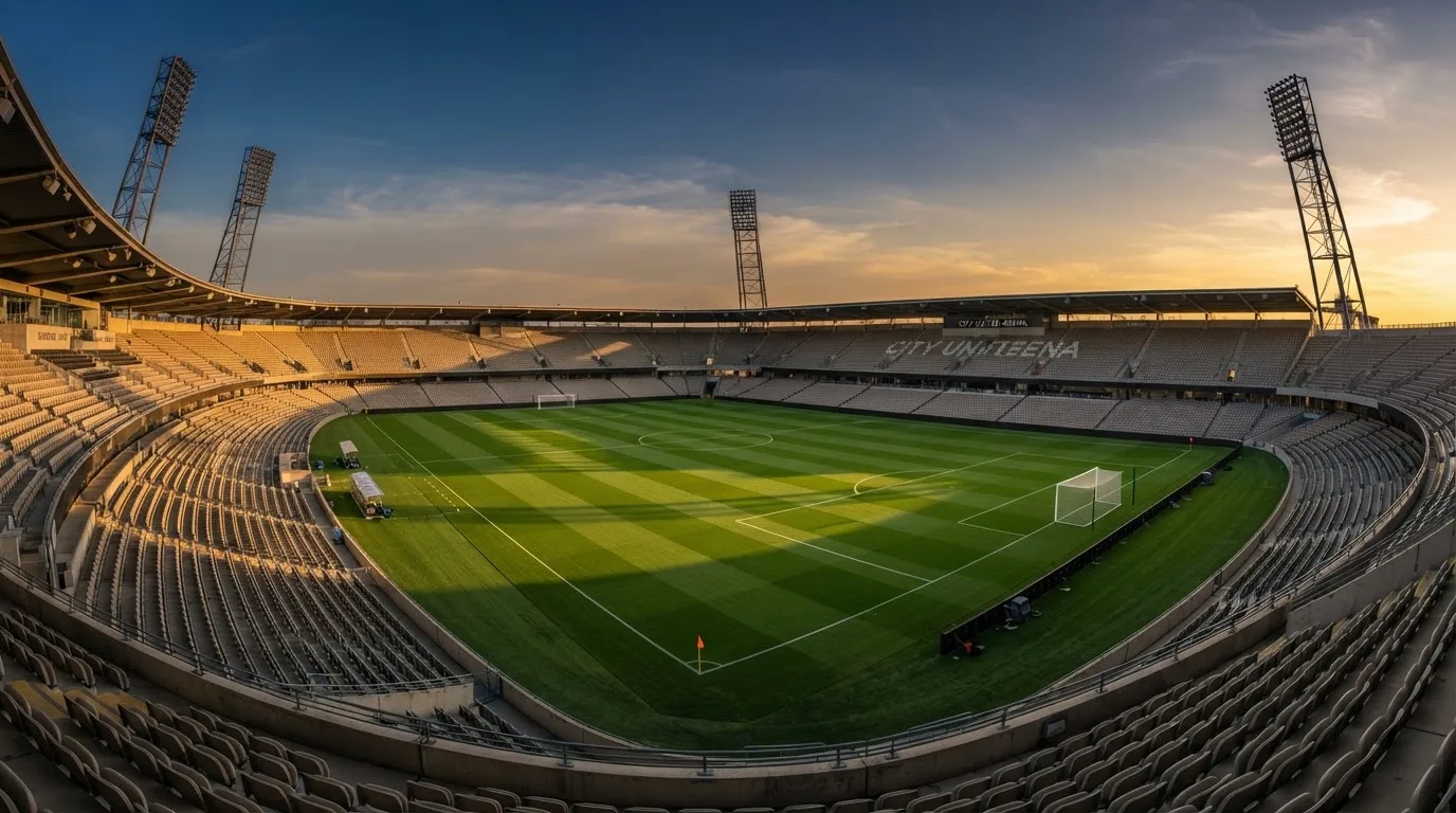 Un estadio de fútbol vacío con torres de iluminación al atardecer