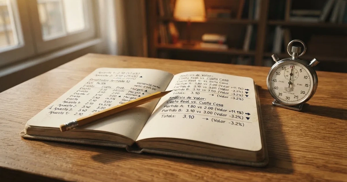 Un cuaderno abierto con un lápiz y un cronómetro sobre una mesa de madera