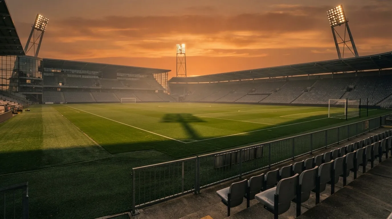 Un estadio de fútbol vacío con torres de iluminación al atardecer
