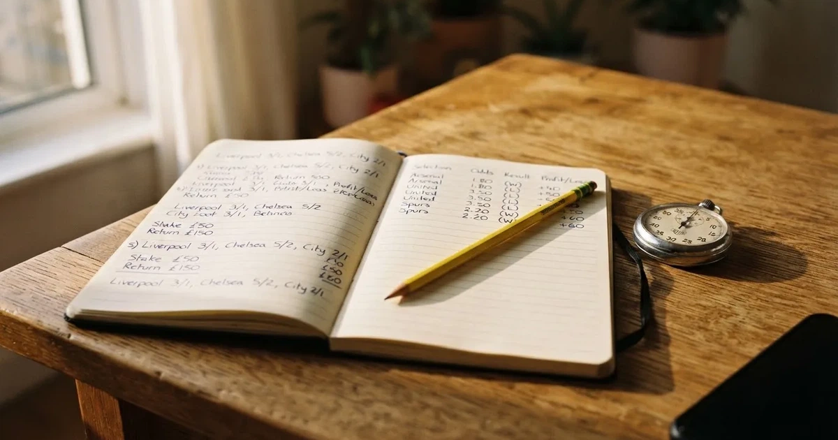 Un cuaderno abierto con un lápiz y un cronómetro sobre una mesa de madera