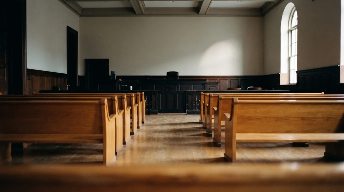Una sala de tribunal vacía con bancos de madera a la luz de la mañana