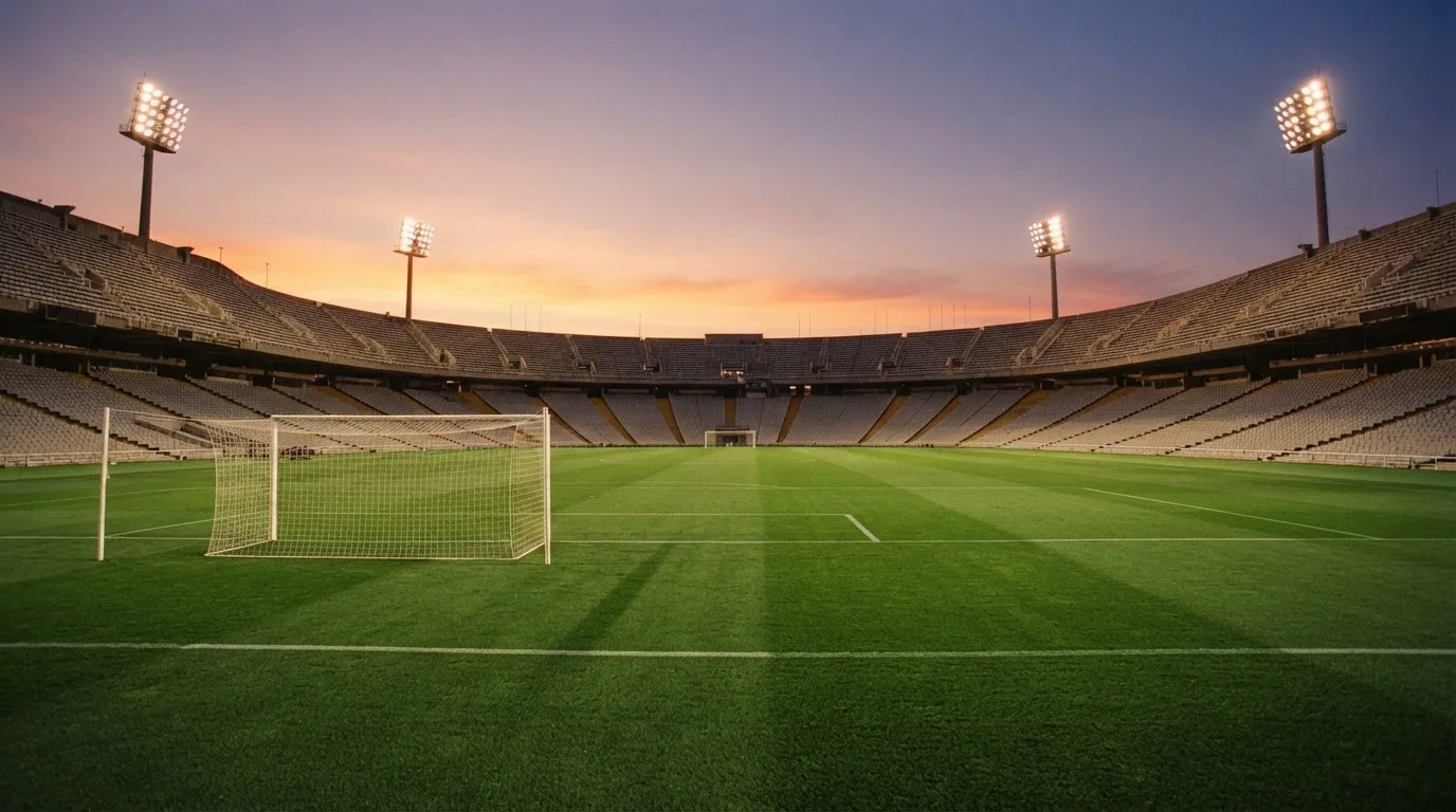 Un estadio de fútbol vacío con torres de iluminación al atardecer