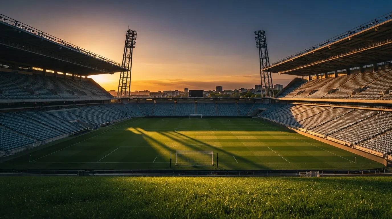 Un estadio de fútbol vacío con torres de iluminación al atardecer