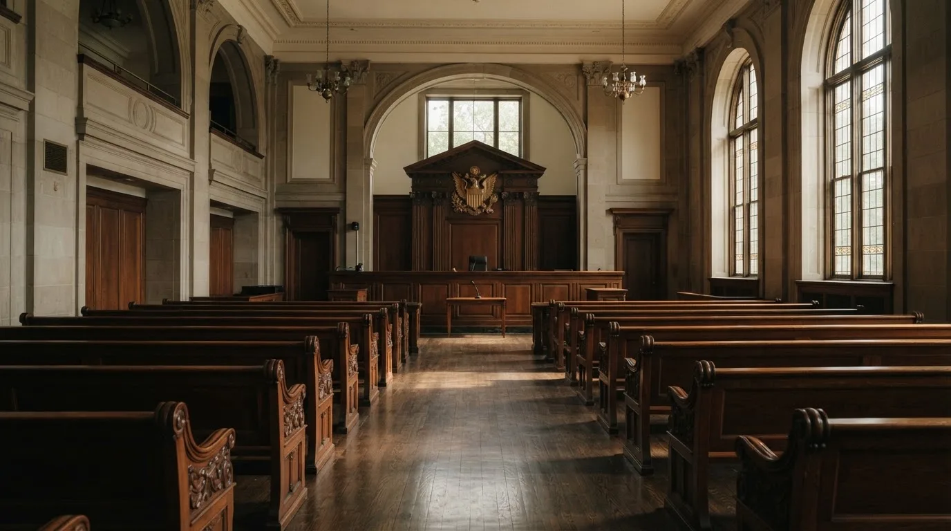 Una sala de tribunal vacía con bancos de madera a la luz de la mañana