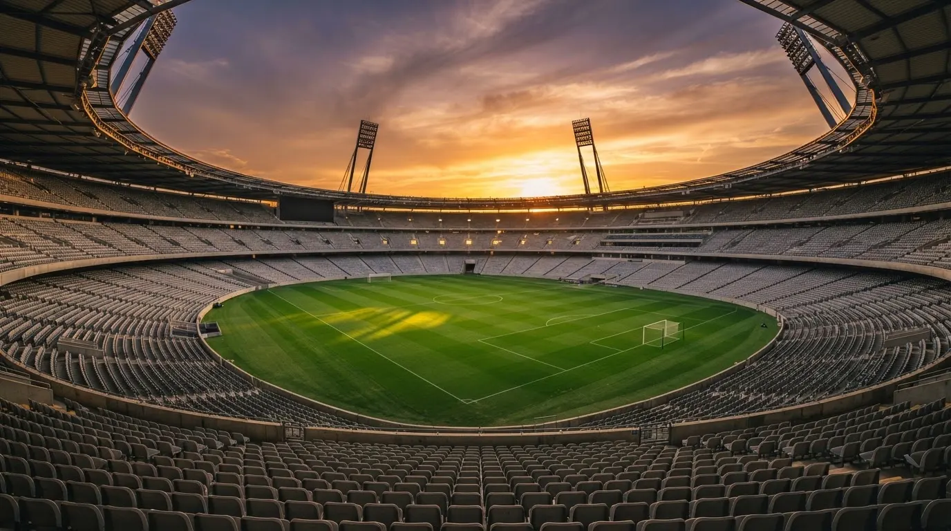 Un estadio de fútbol vacío con torres de iluminación al atardecer