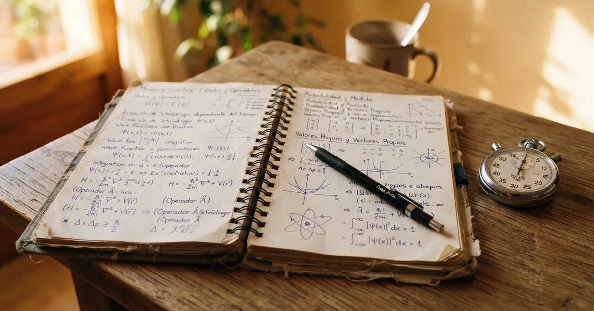 Un cuaderno abierto con un lápiz y un cronómetro sobre una mesa de madera