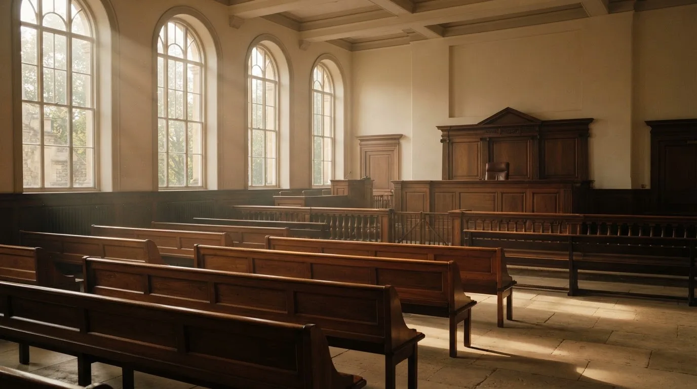Una sala de tribunal vacía con bancos de madera a la luz de la mañana