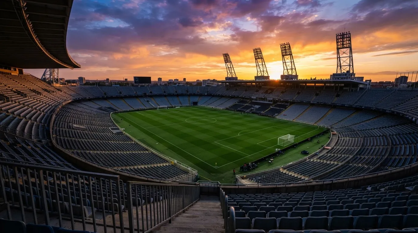 Un estadio de fútbol vacío con torres de iluminación al atardecer