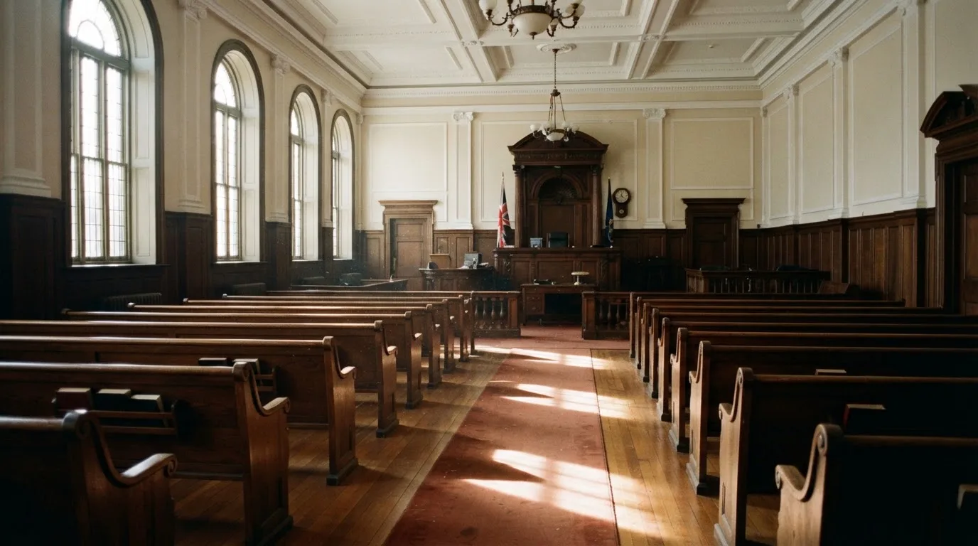 Una sala de tribunal vacía con bancos de madera a la luz de la mañana