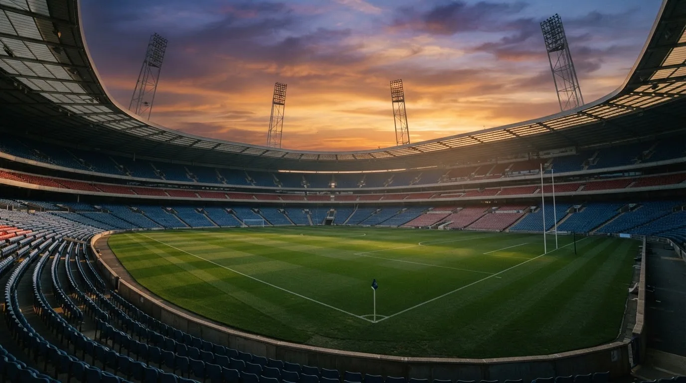 Un estadio de fútbol vacío con torres de iluminación al atardecer