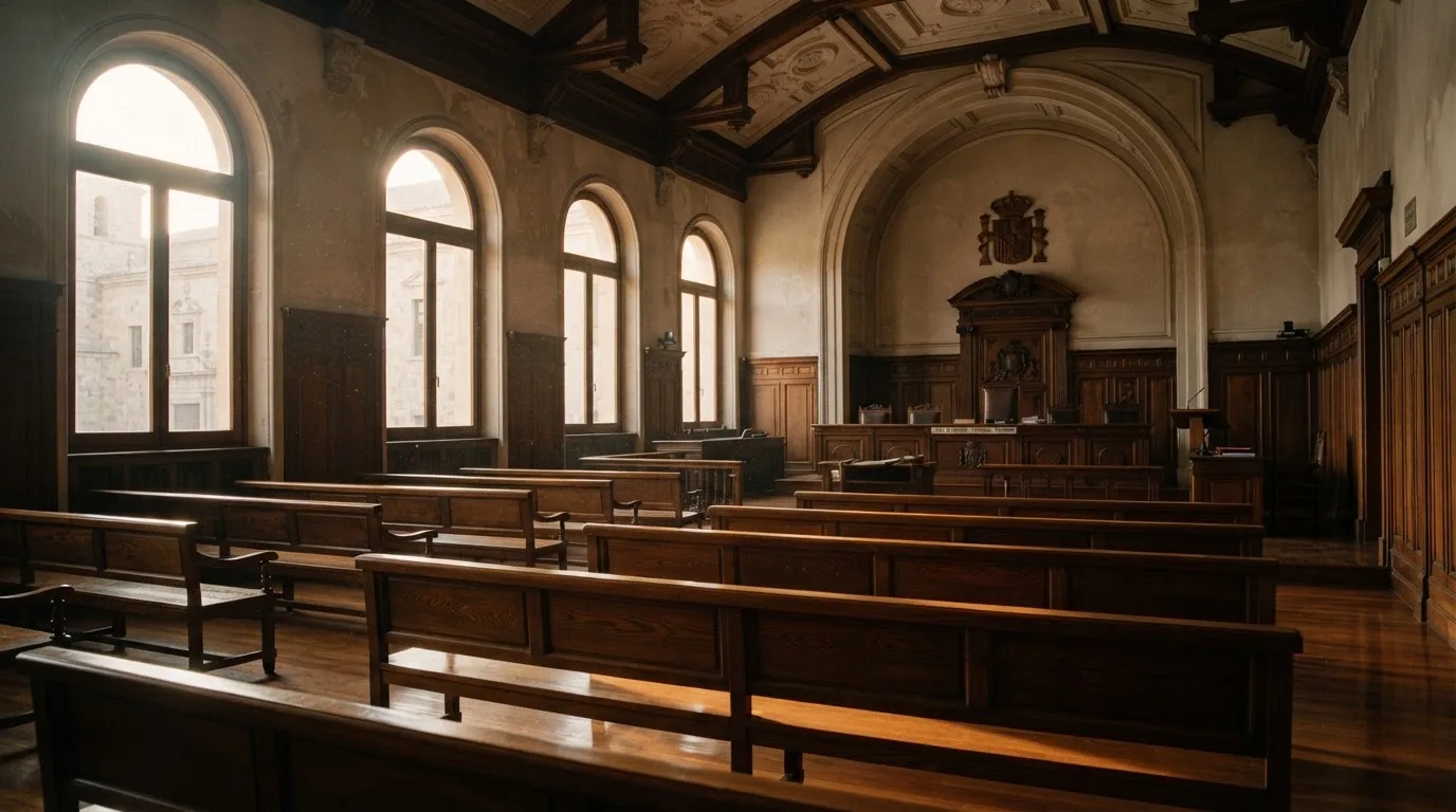 Una sala de tribunal vacía con bancos de madera a la luz de la mañana