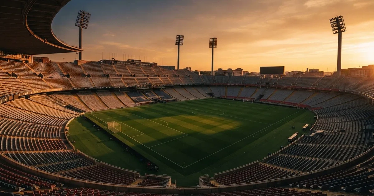 Un estadio de fútbol vacío con torres de iluminación al atardecer