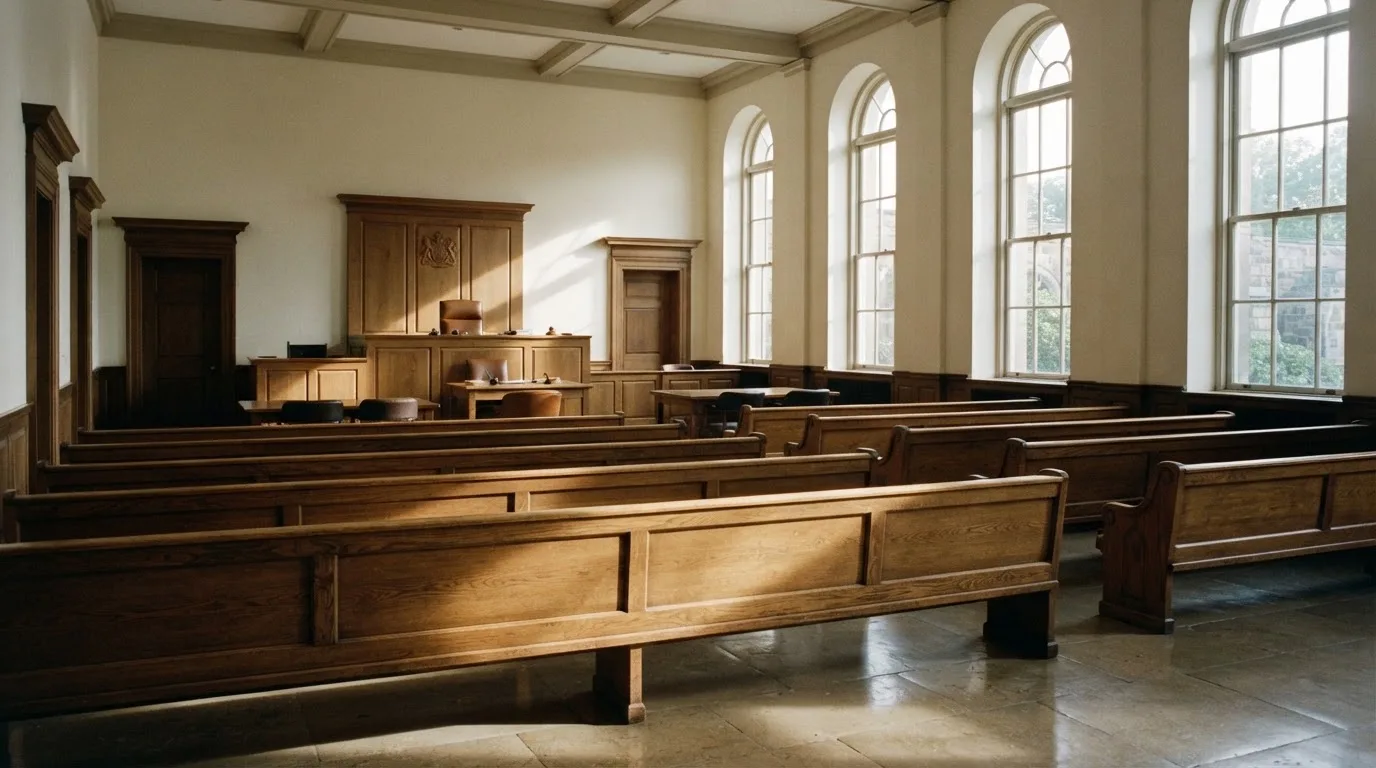 Una sala de tribunal vacía con bancos de madera a la luz de la mañana