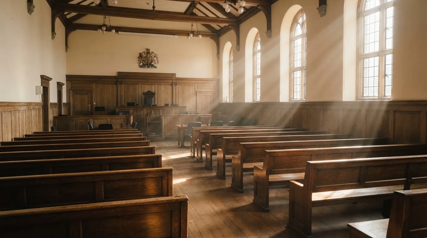 Una sala de tribunal vacía con bancos de madera a la luz de la mañana