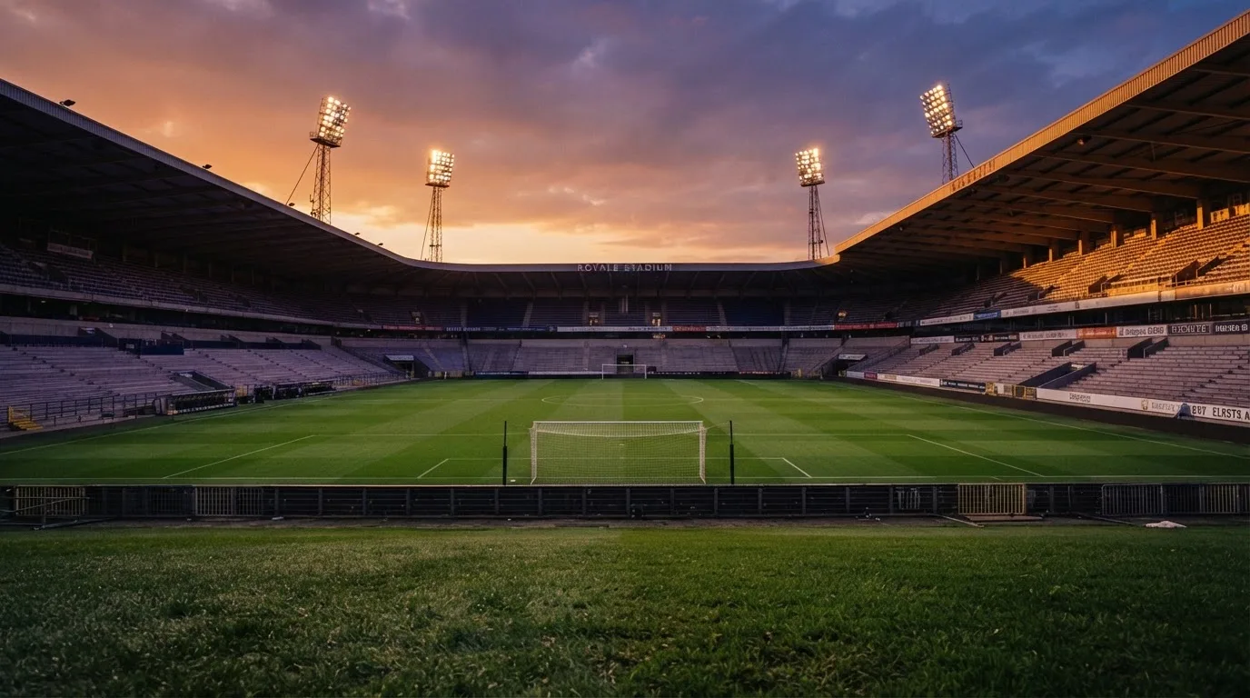 Un estadio de fútbol vacío con torres de iluminación al atardecer