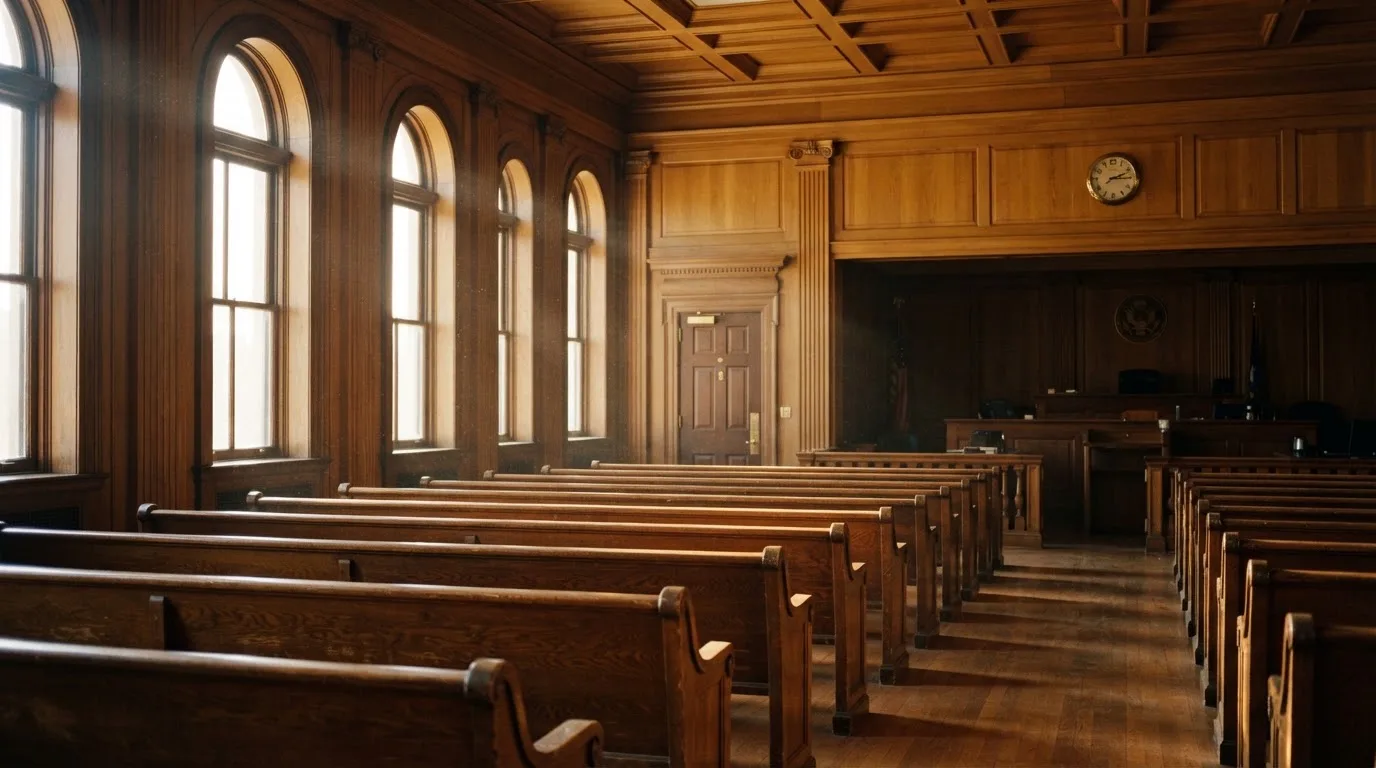 Una sala de tribunal vacía con bancos de madera a la luz de la mañana