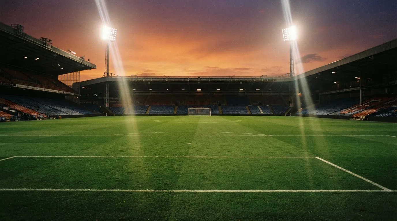 Un estadio de fútbol vacío con torres de iluminación al atardecer