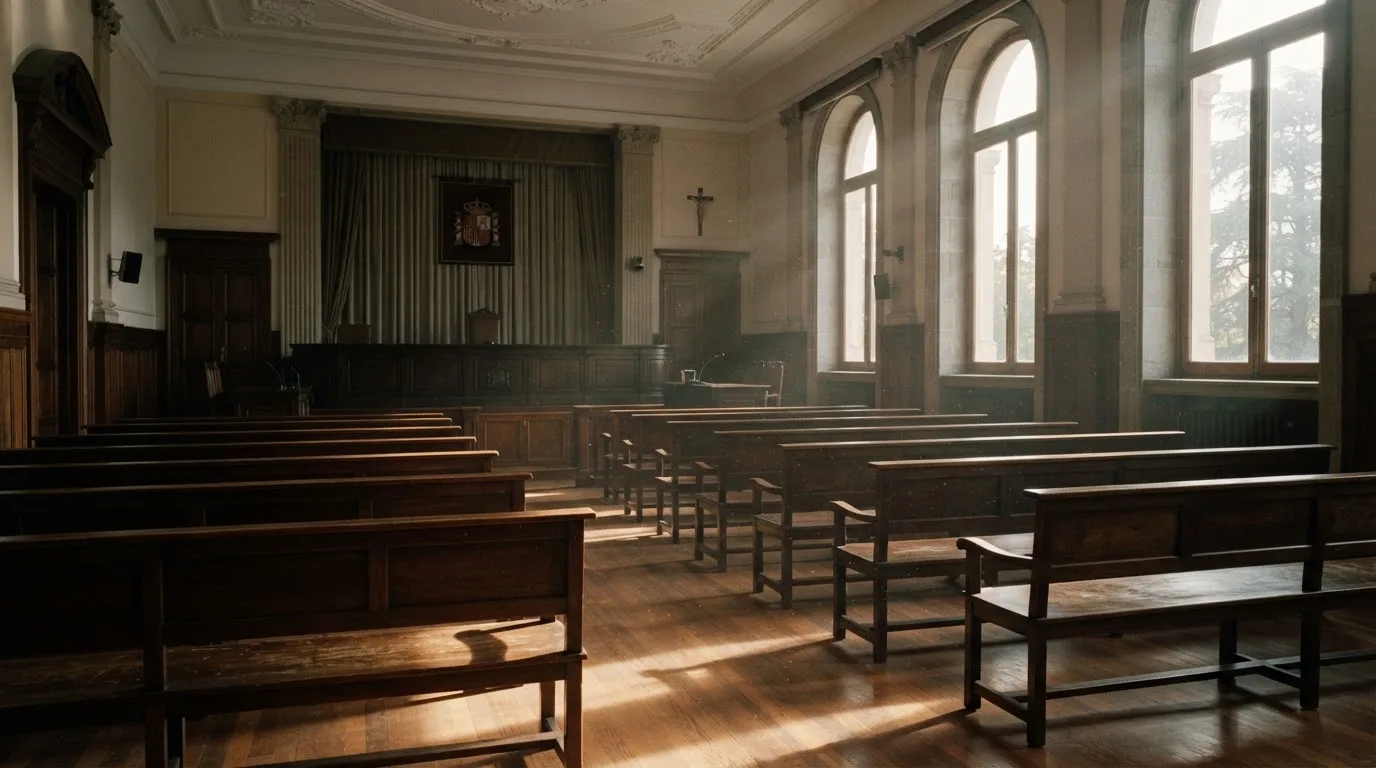 Una sala de tribunal vacía con bancos de madera a la luz de la mañana