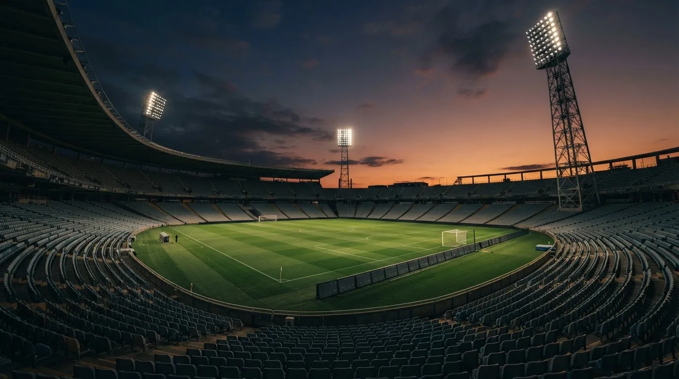Un estadio de fútbol vacío con torres de iluminación al atardecer
