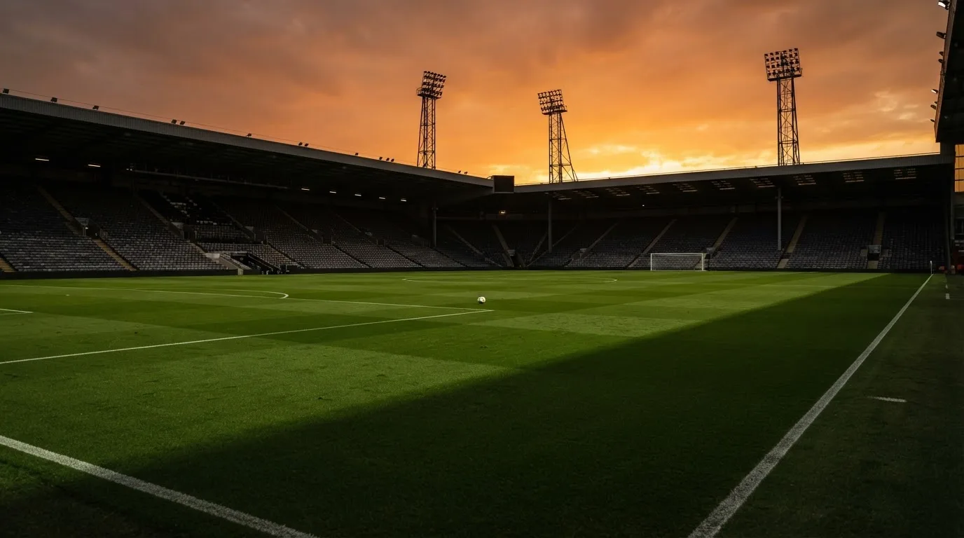Un estadio de fútbol vacío con torres de iluminación al atardecer