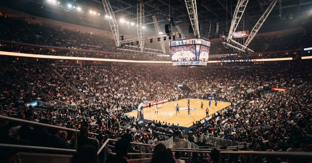 Un pabellón deportivo lleno bajo los focos, fotografiado desde muy lejos