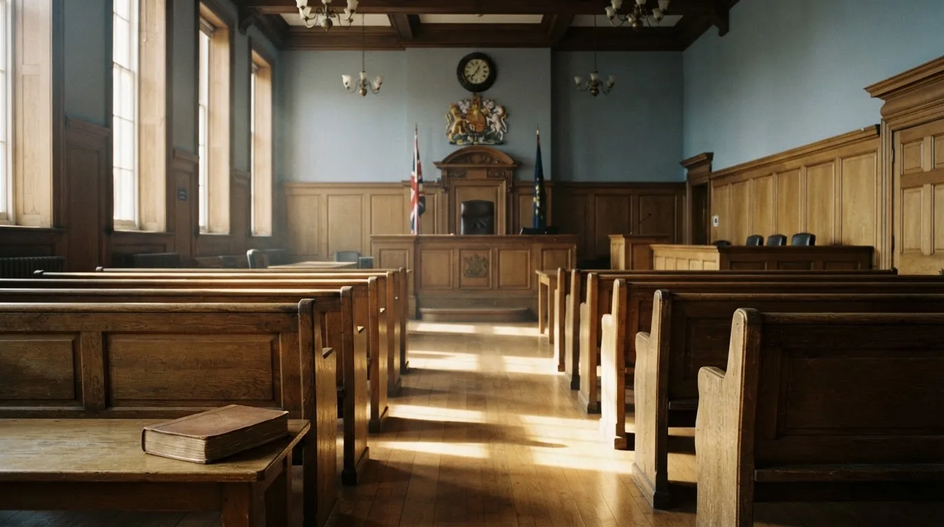 Una sala de tribunal vacía con bancos de madera a la luz de la mañana