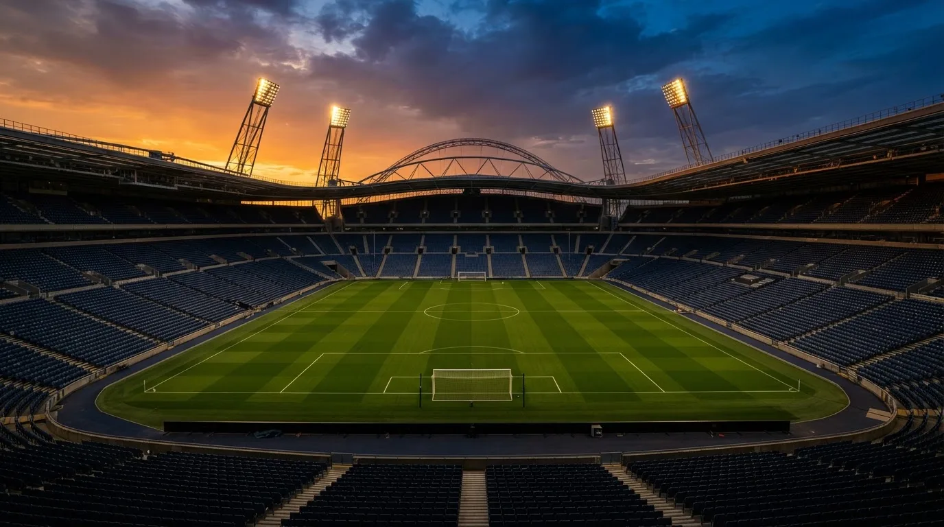 Un estadio de fútbol vacío con torres de iluminación al atardecer