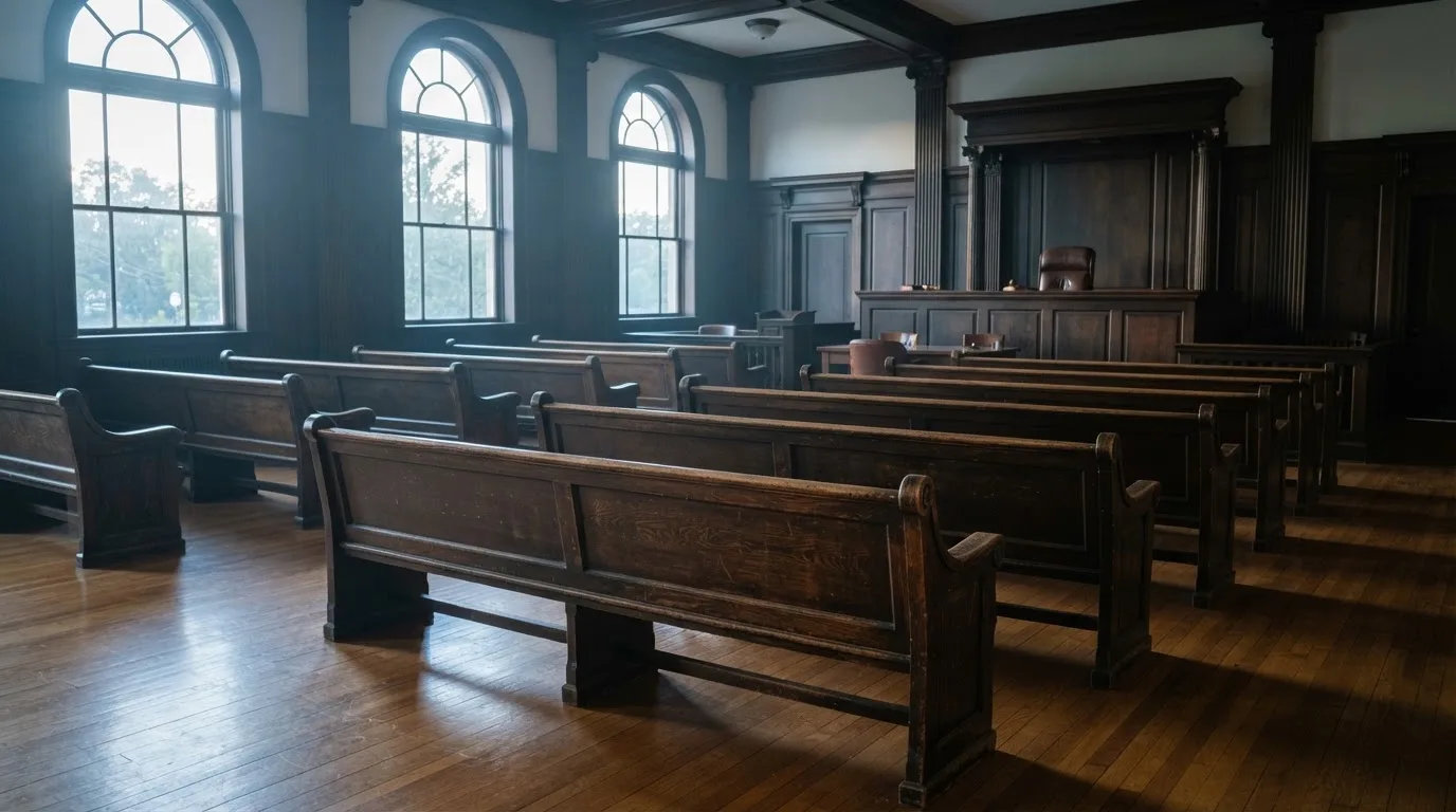 Una sala de tribunal vacía con bancos de madera a la luz de la mañana