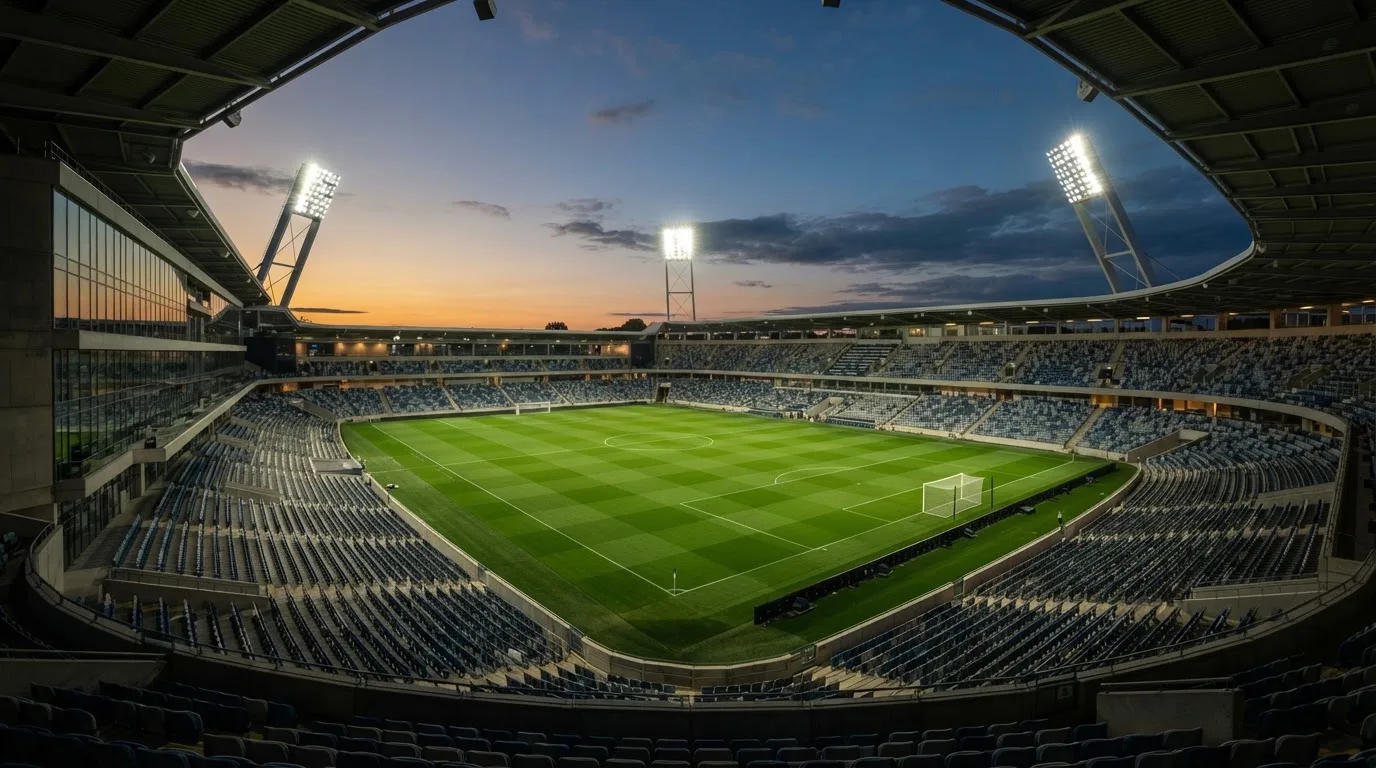 Un estadio de fútbol vacío con torres de iluminación al atardecer