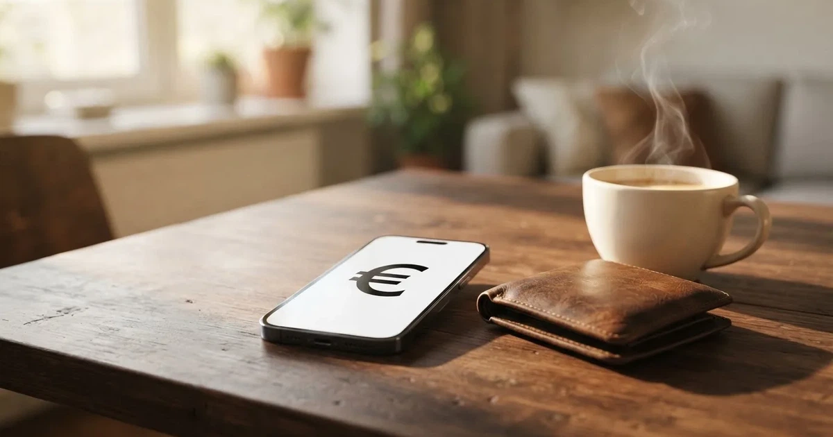 Un móvil sobre una mesa de madera junto a una cartera y una taza de café