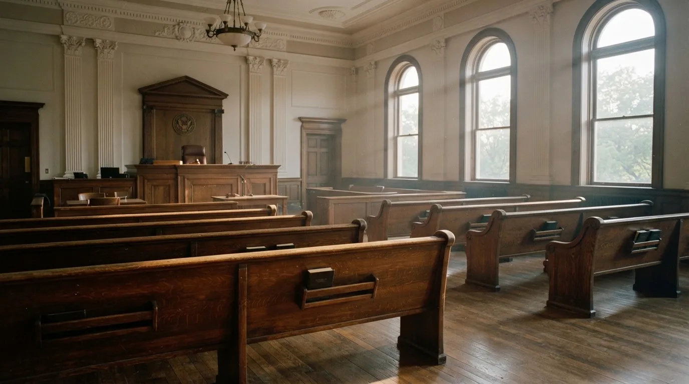 Una sala de tribunal vacía con bancos de madera a la luz de la mañana