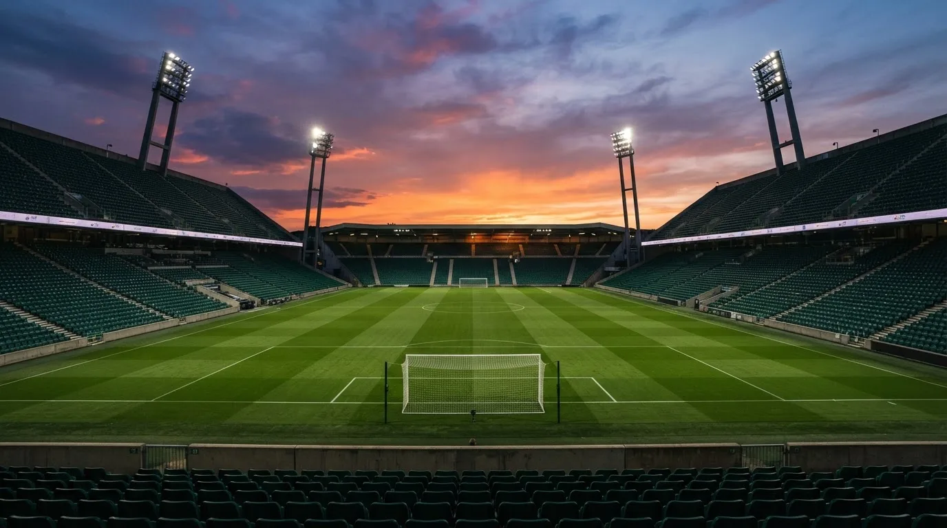 Un estadio de fútbol vacío con torres de iluminación al atardecer