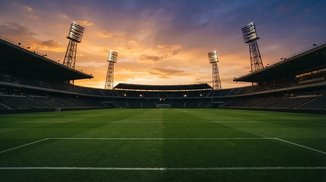 Un estadio de fútbol vacío con torres de iluminación al atardecer