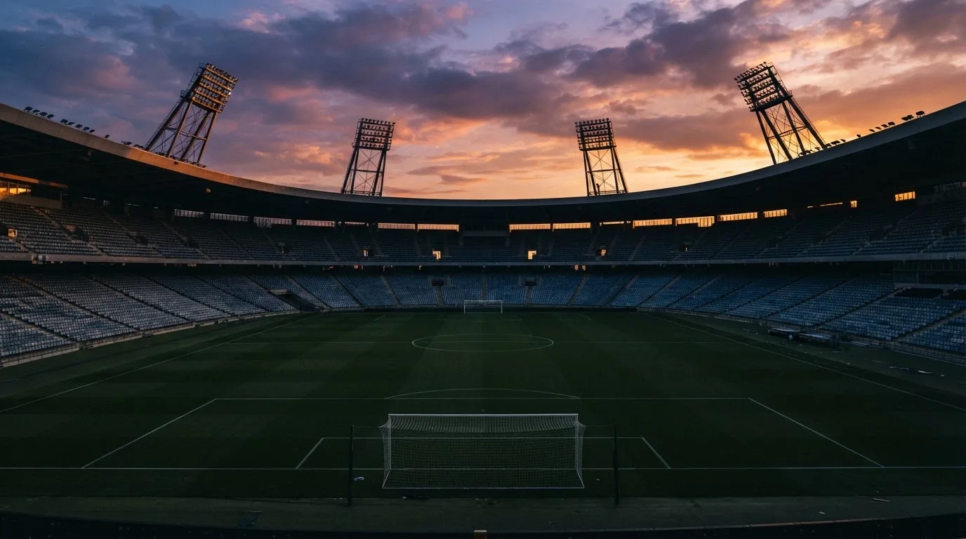Un estadio de fútbol vacío con torres de iluminación al atardecer