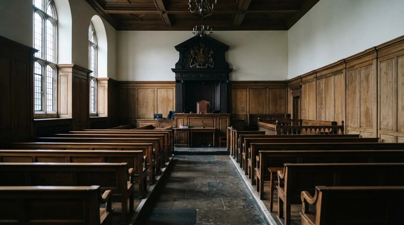 Una sala de tribunal vacía con bancos de madera a la luz de la mañana
