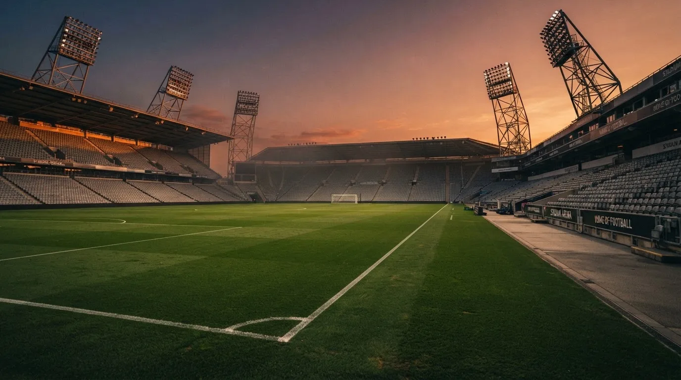 Un estadio de fútbol vacío con torres de iluminación al atardecer