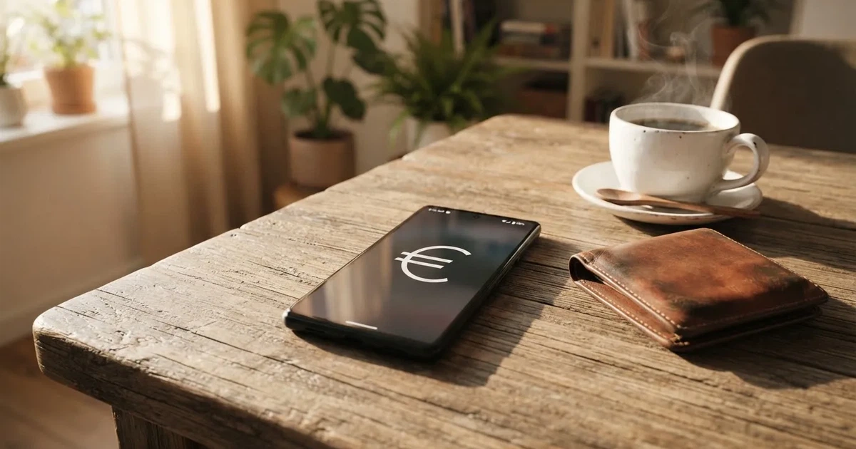 Un móvil sobre una mesa de madera junto a una cartera y una taza de café