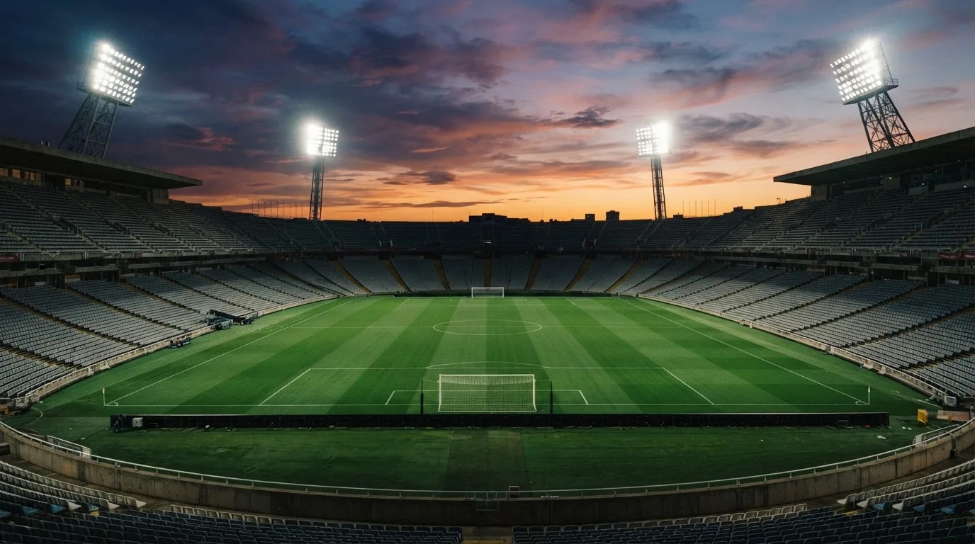 Un estadio de fútbol vacío con torres de iluminación al atardecer