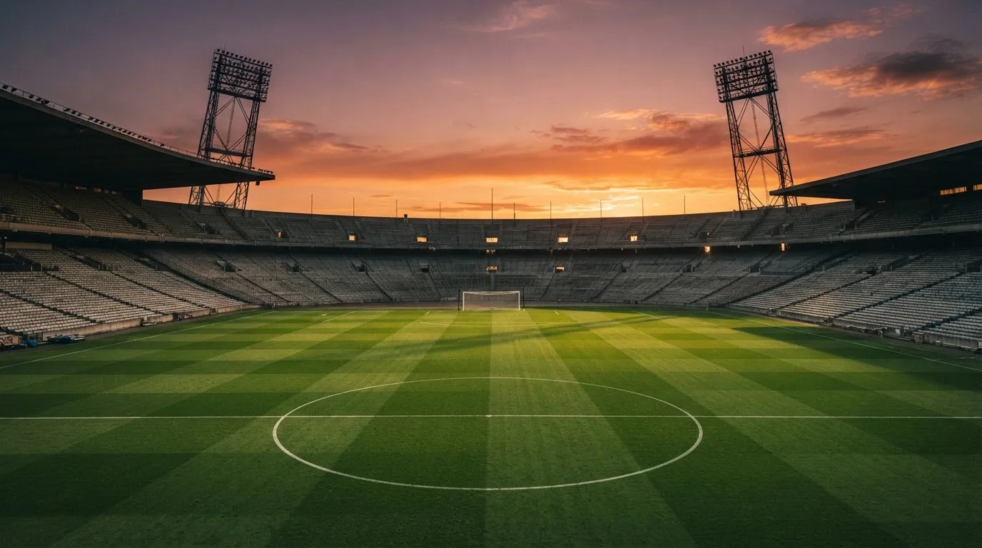 Un estadio de fútbol vacío con torres de iluminación al atardecer