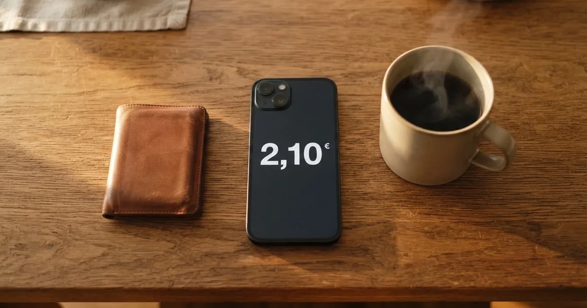 Un móvil sobre una mesa de madera junto a una cartera y una taza de café