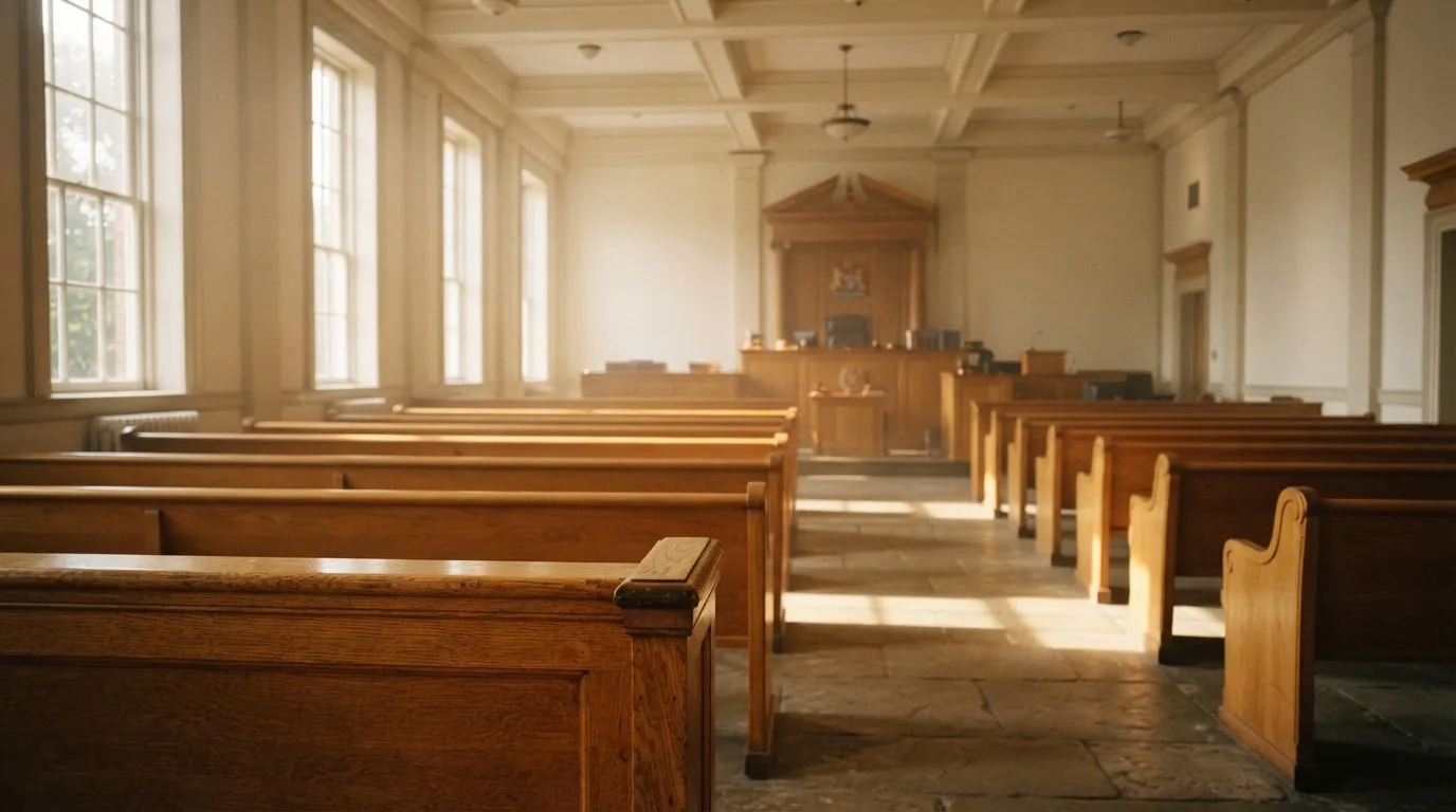 Una sala de tribunal vacía con bancos de madera a la luz de la mañana