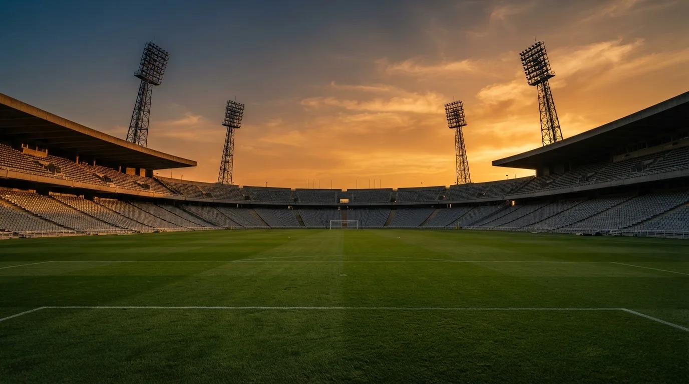 Un estadio de fútbol vacío con torres de iluminación al atardecer