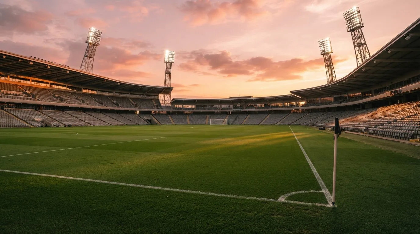 Un estadio de fútbol vacío con torres de iluminación al atardecer