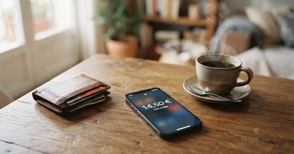 Un móvil sobre una mesa de madera junto a una cartera y una taza de café