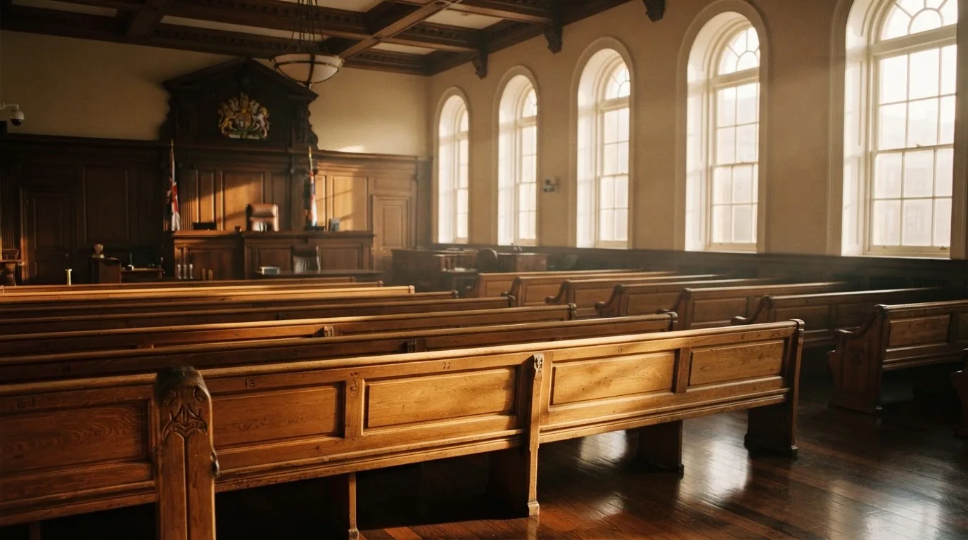 Una sala de tribunal vacía con bancos de madera a la luz de la mañana