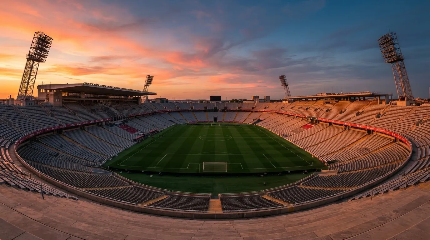 Un estadio de fútbol vacío con torres de iluminación al atardecer