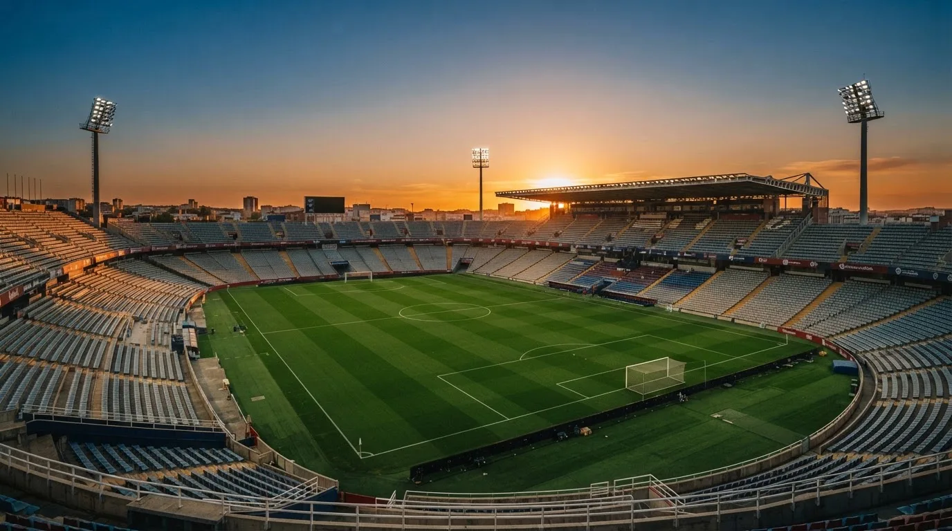 Un estadio de fútbol vacío con torres de iluminación al atardecer