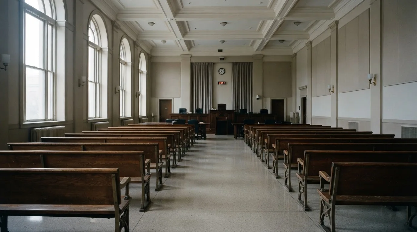 Una sala de tribunal vacía con bancos de madera a la luz de la mañana