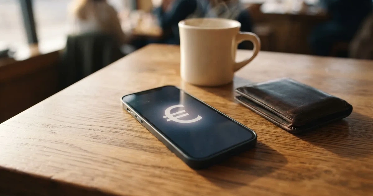 Un móvil sobre una mesa de madera junto a una cartera y una taza de café